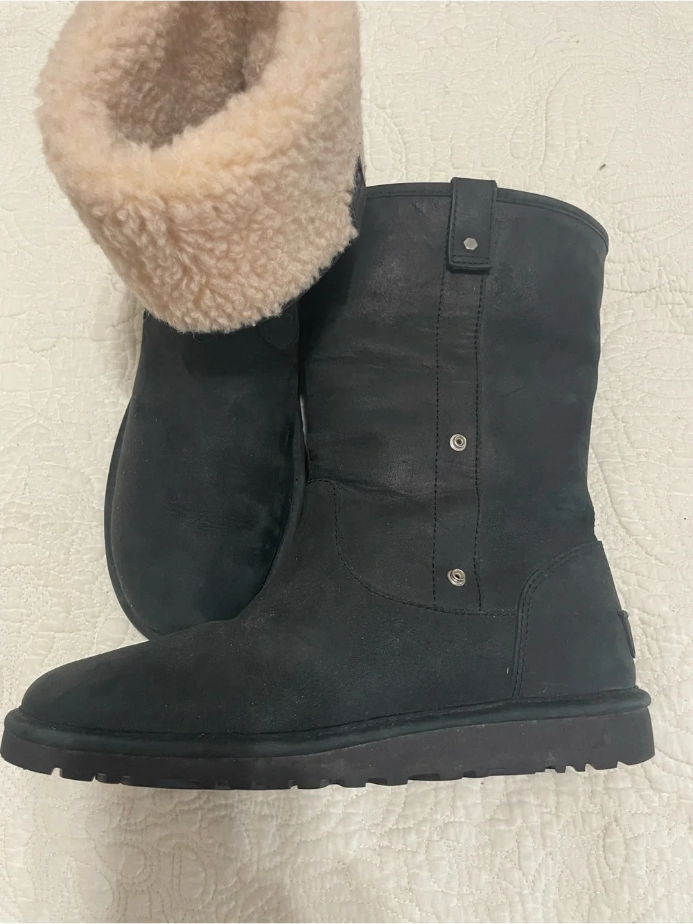 UGG Women’s Black Ankle Boots with Shearling Cuff-size 8